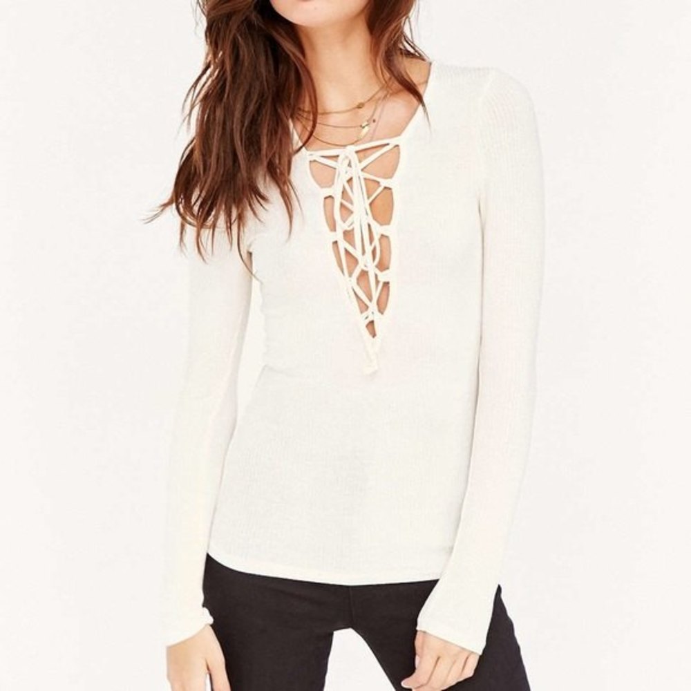 Urban outfitters project social t long sleeve top Plunge neck Lace up ribbed